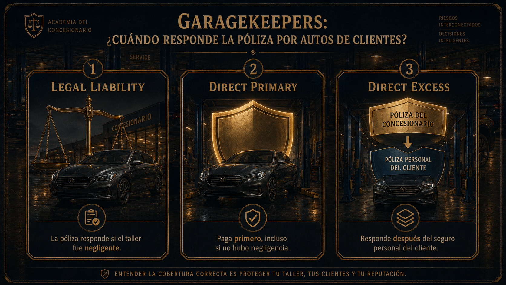 Infografía comparativa de Garagekeepers Legal Liability, Direct Primary y Direct Excess.
