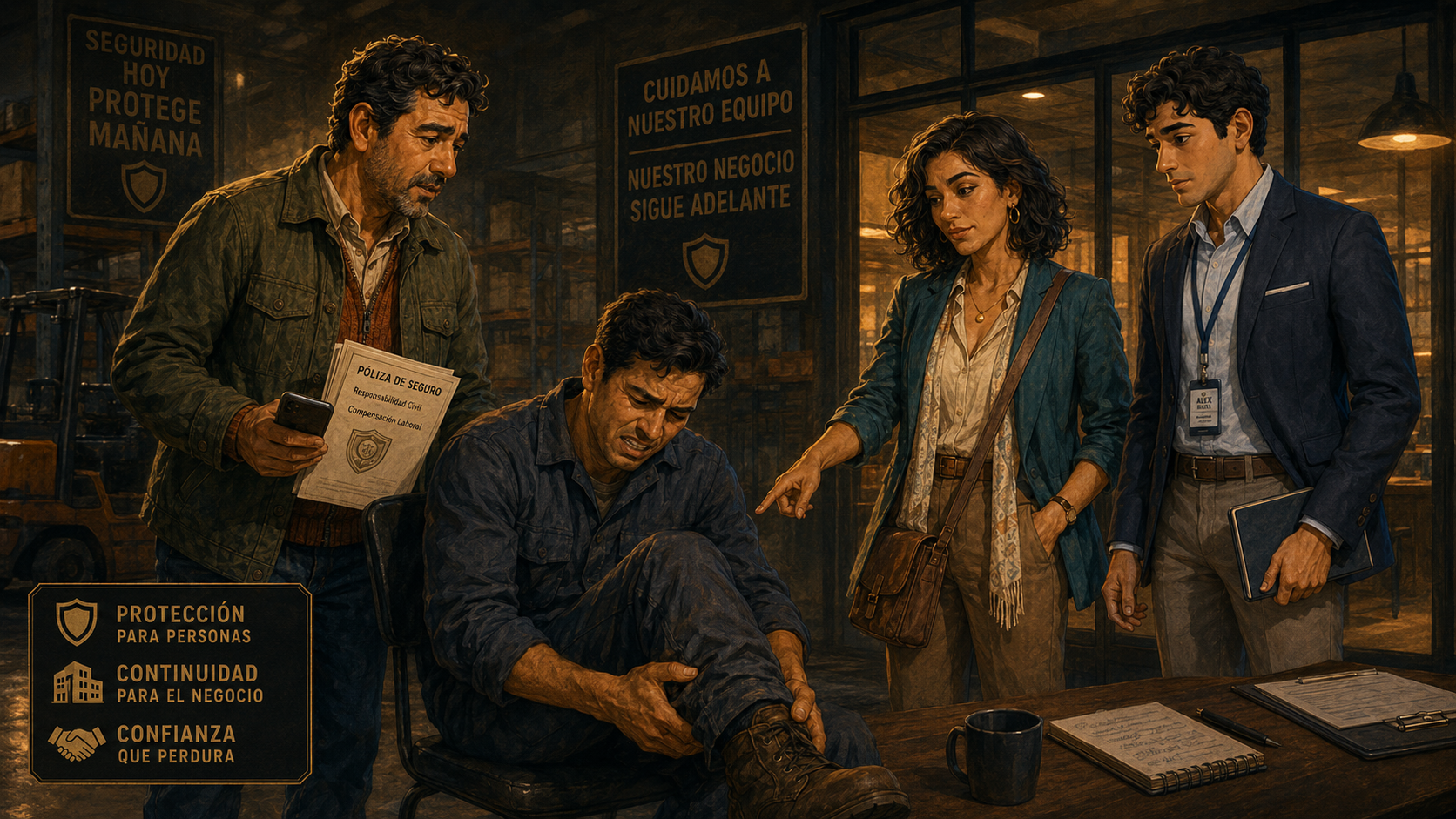 Empleado lesionado durante su jornada laboral mientras Alex Rivera, Luna Valdés y el dueño del negocio revisan la situación.
