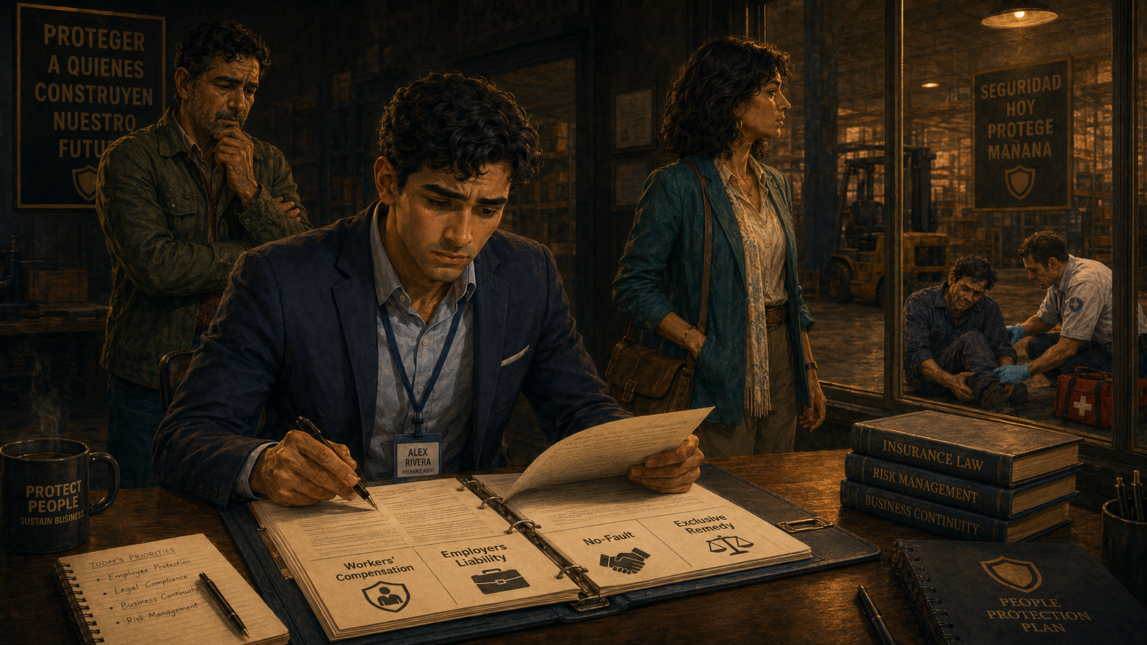 Alex y Luna revisan un expediente de compensación laboral y responsabilidad patronal en una oficina después de un accidente.