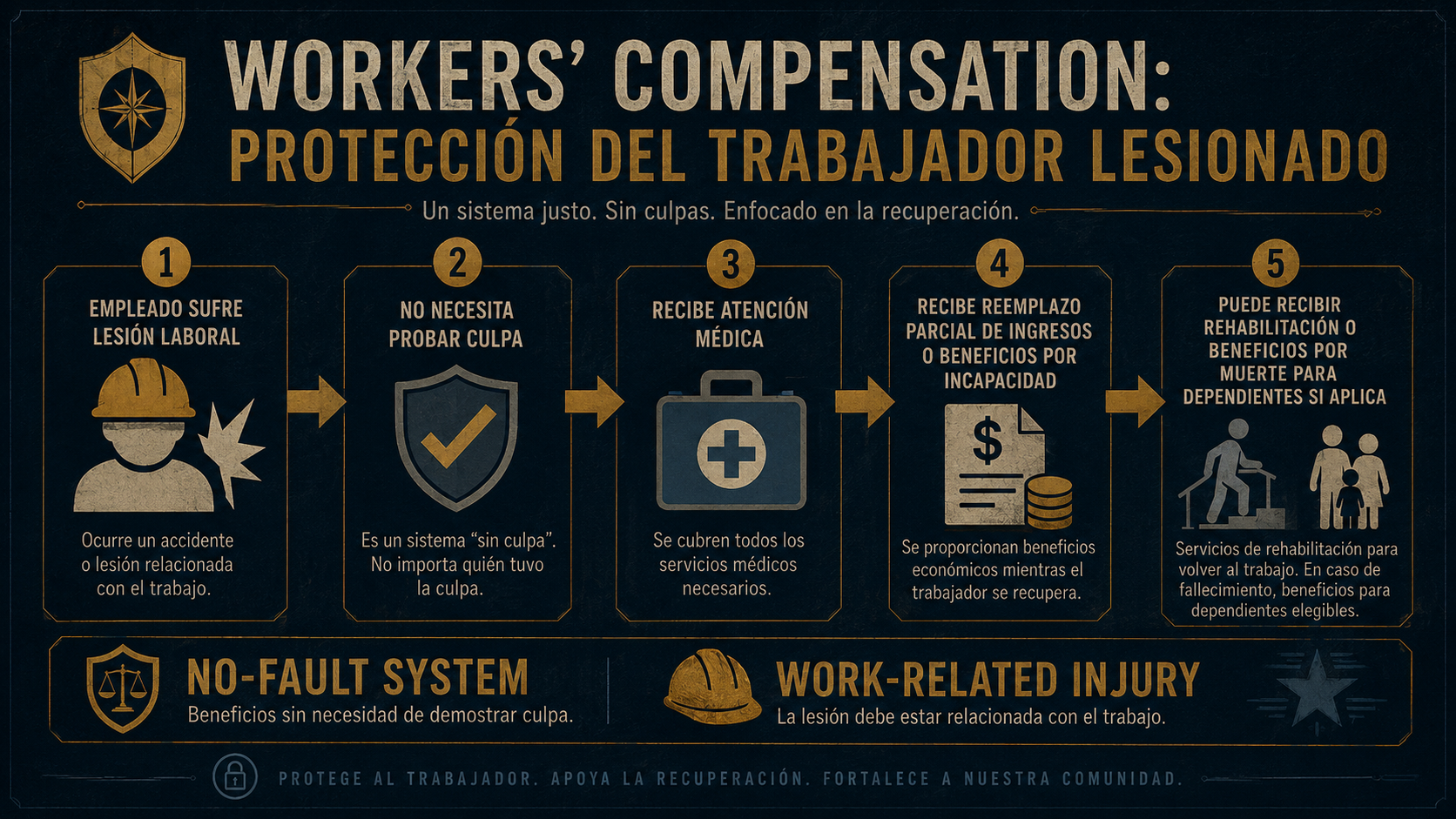 Infografía de Workers Compensation con pasos desde lesión laboral hasta beneficios médicos, ingresos, rehabilitación y muerte.