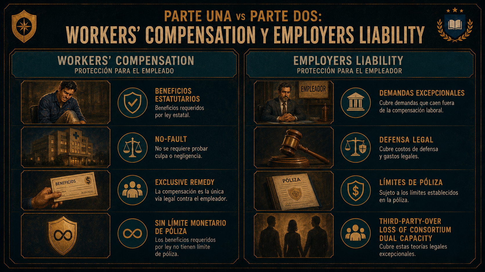 Infografía comparativa entre Workers Compensation y Employers Liability.