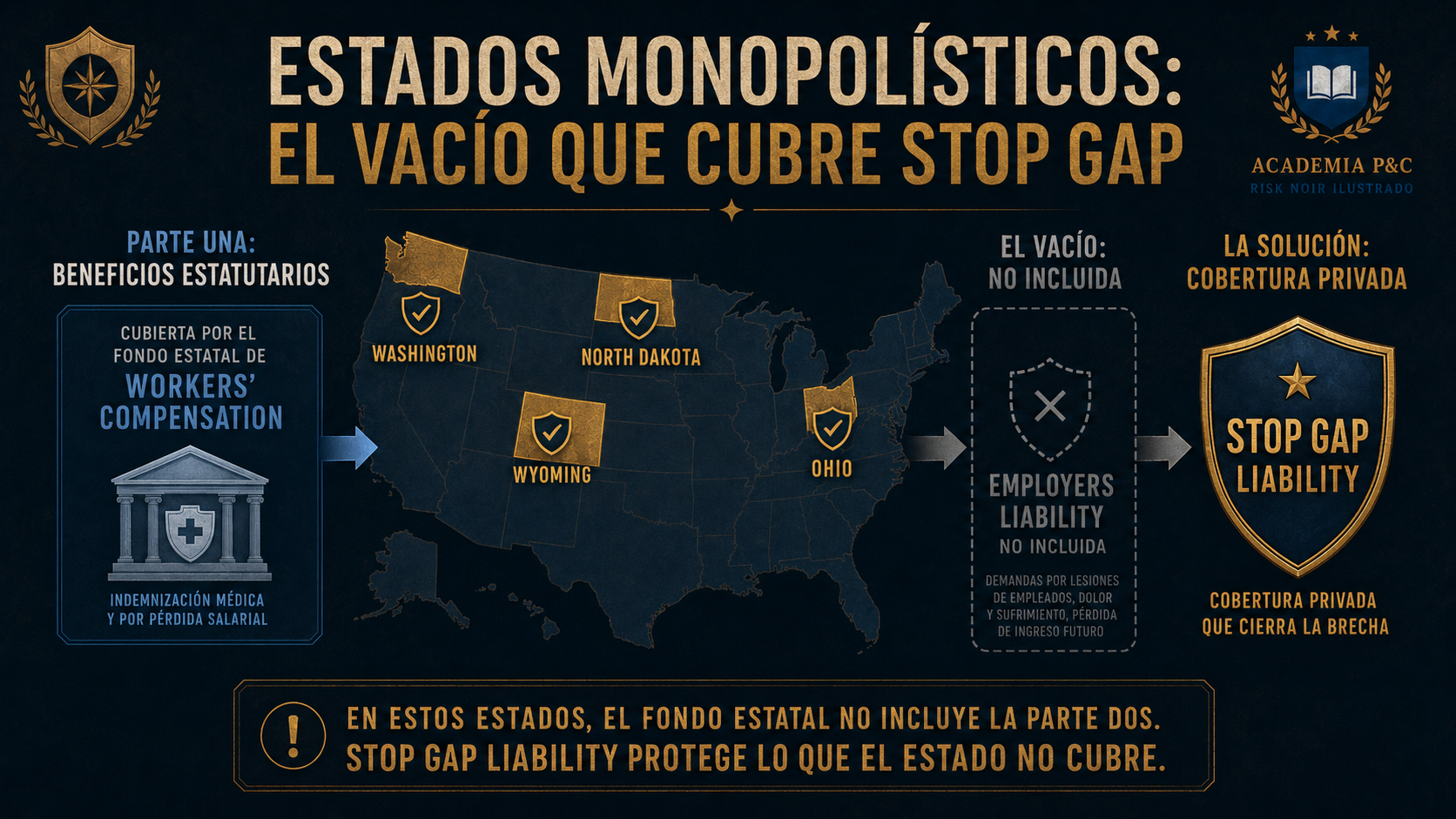 Infografía sobre estados monopolísticos y Stop Gap Liability.