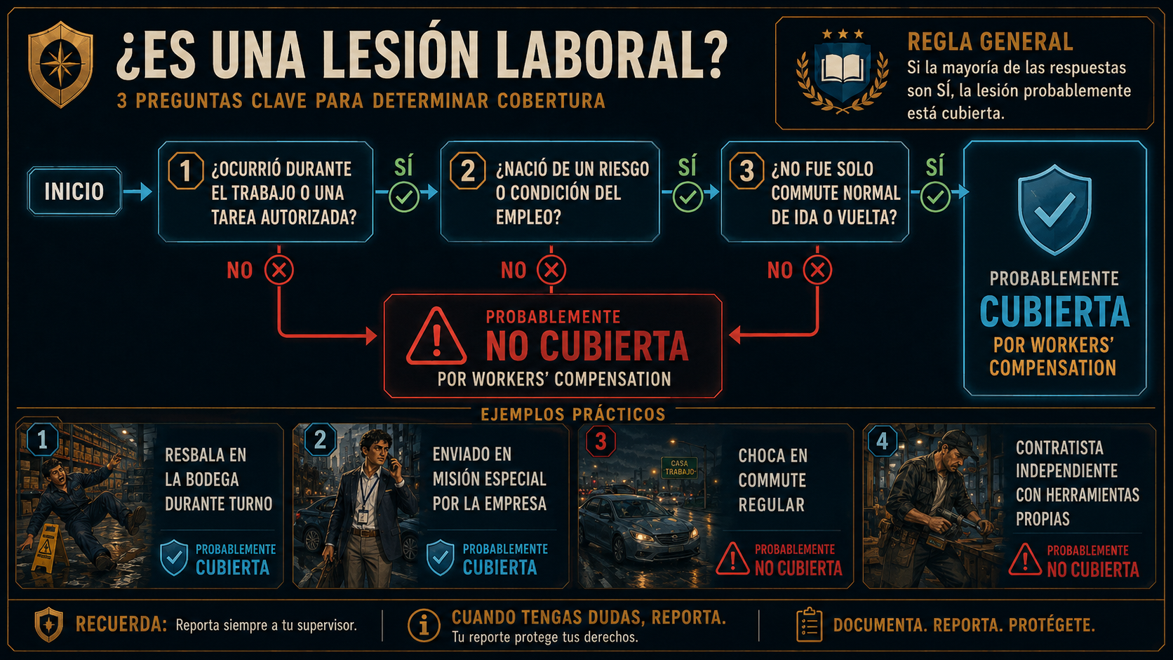 Infografía de decisión para determinar si una lesión es laboral o no laboral.
