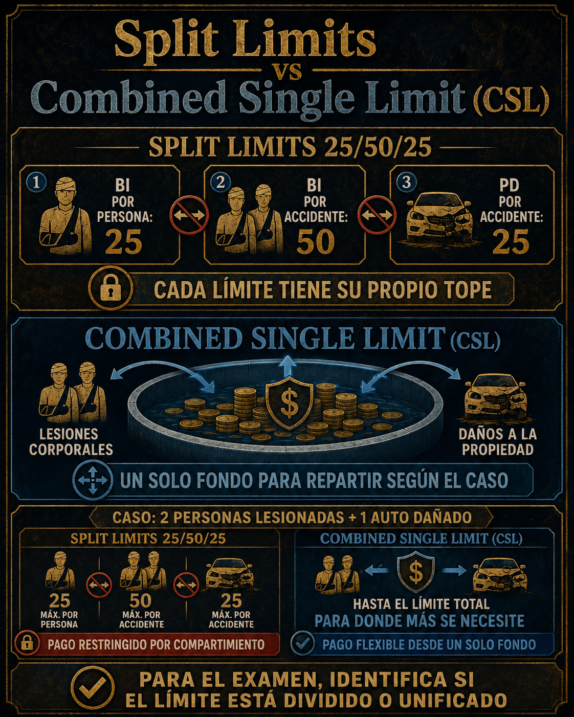 Infografía Split Limits vs Combined Single Limit en auto liability