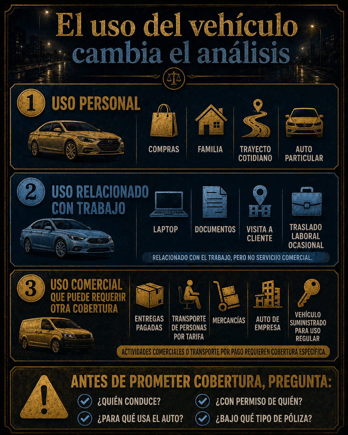 Infografía sobre uso personal y uso comercial en seguro de automóvil