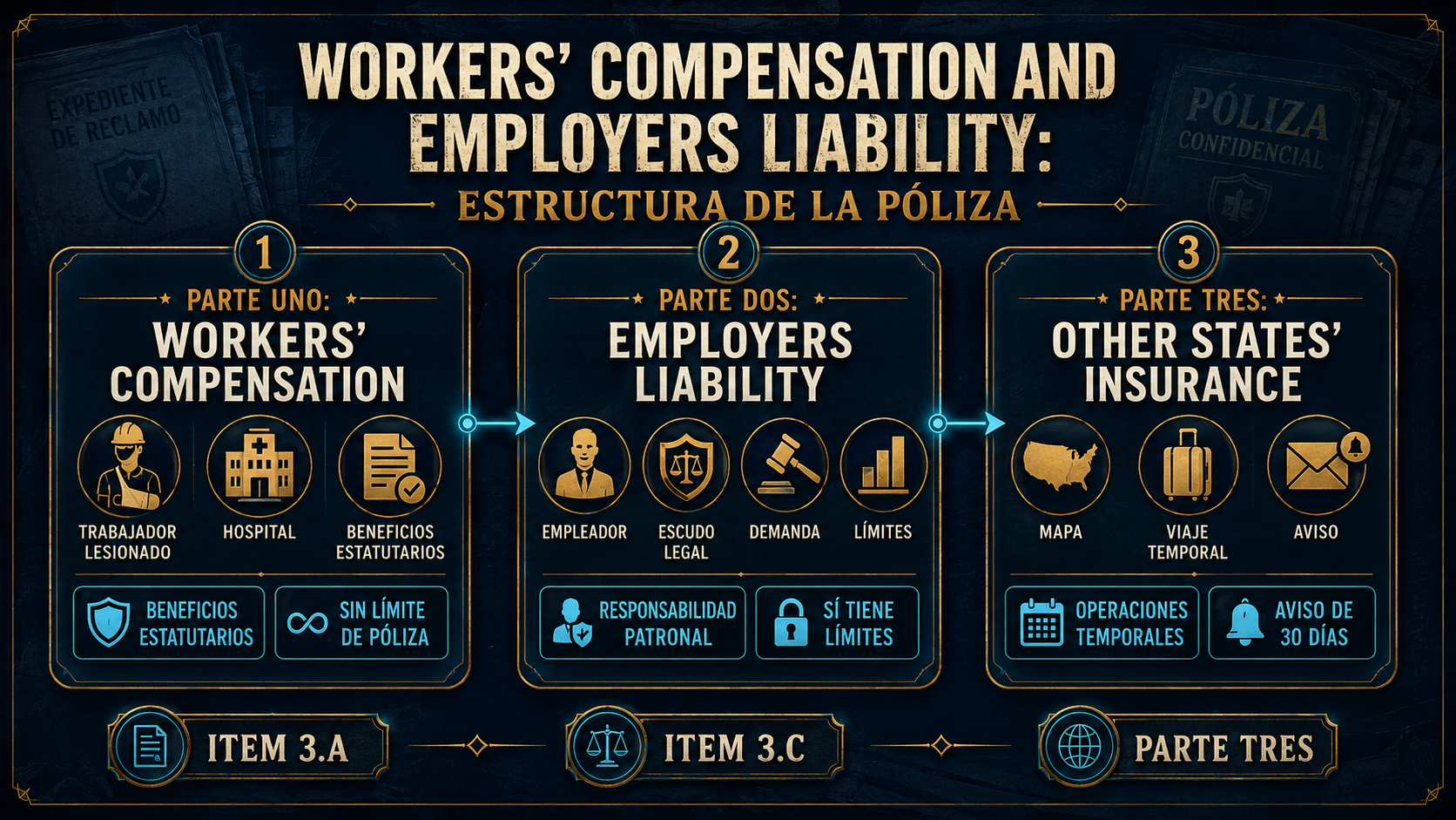 Infografía de la estructura de la póliza Workers Compensation and Employers Liability: Parte Uno, Parte Dos y Parte Tres.