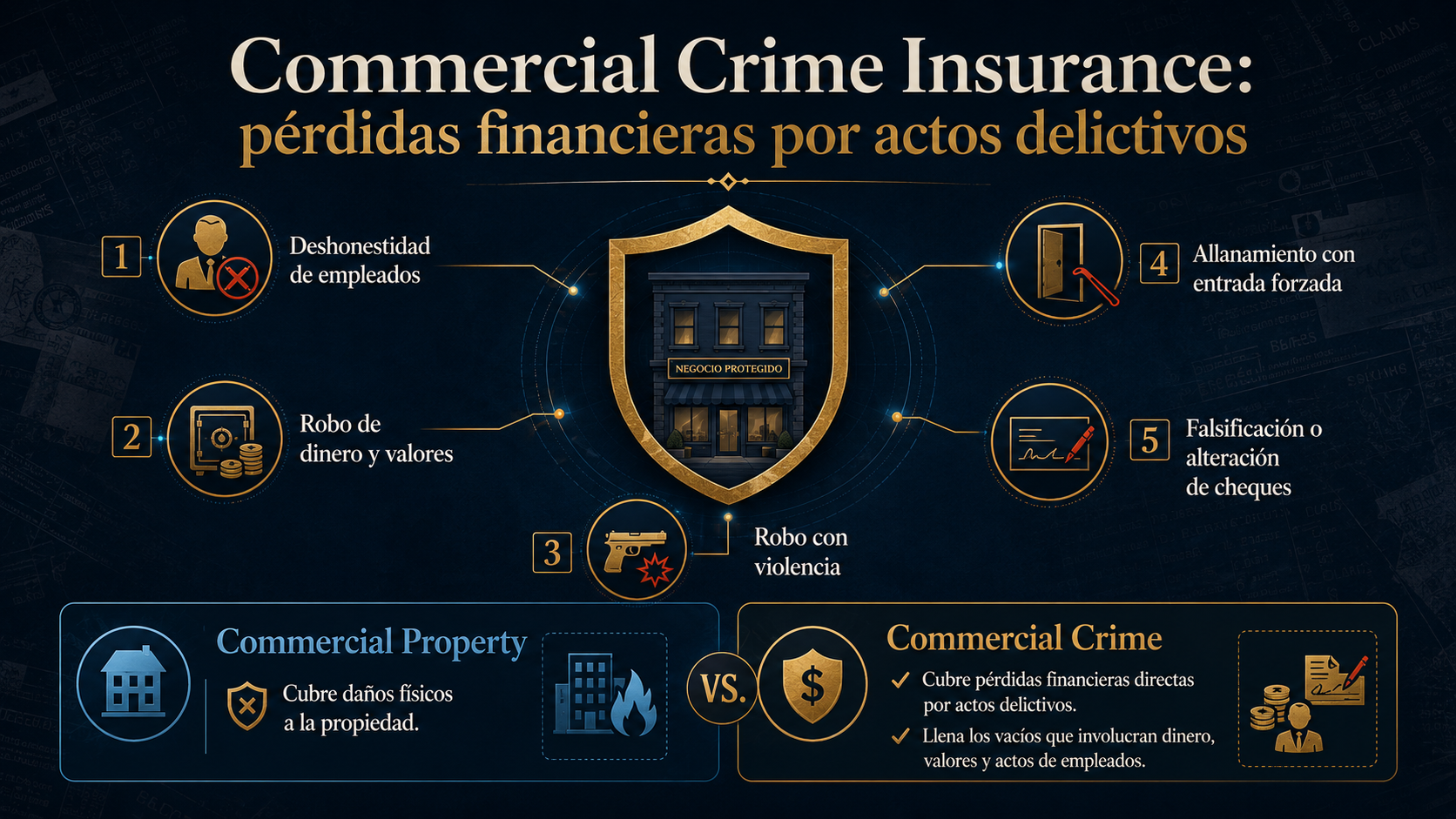 Infografía del propósito de Commercial Crime Insurance y riesgos como deshonestidad de empleados, robo, burglary y forgery.