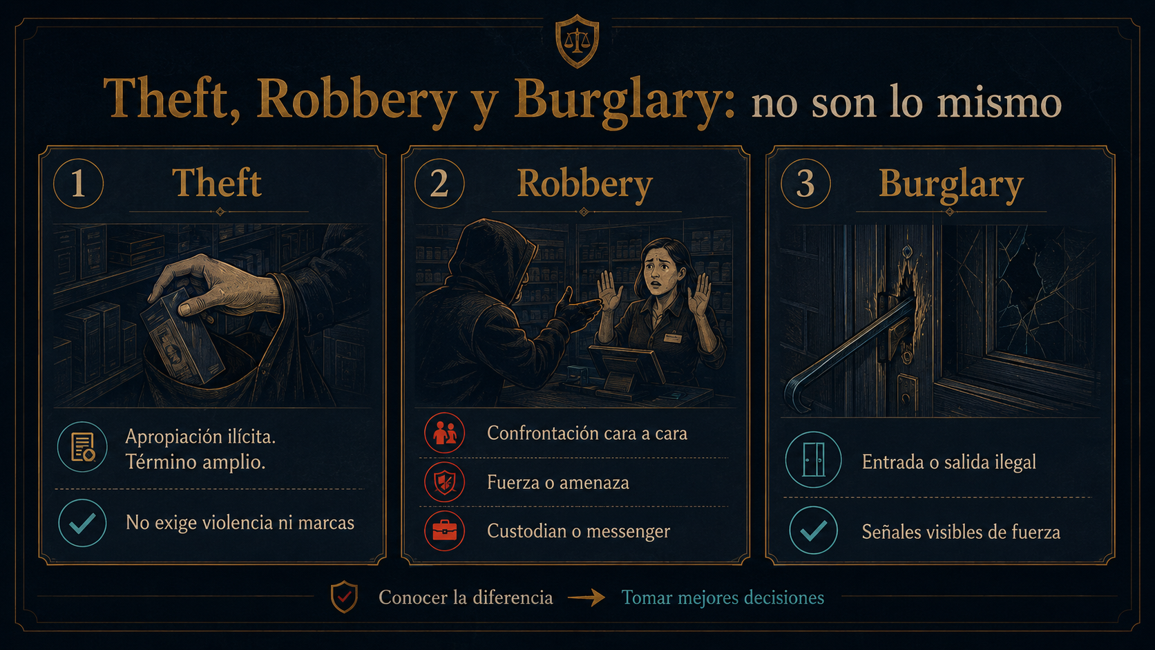 Infografía comparativa de Theft, Robbery y Burglary en seguro contra crímenes comerciales.
