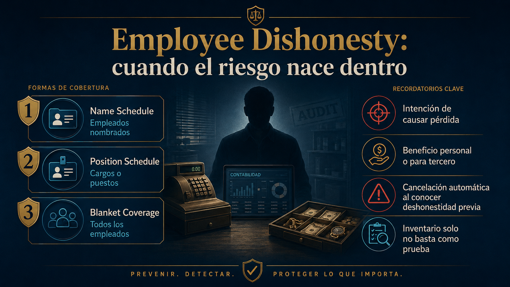 Infografía de Employee Dishonesty o Employee Theft con Name Schedule, Position Schedule y Blanket Coverage.
