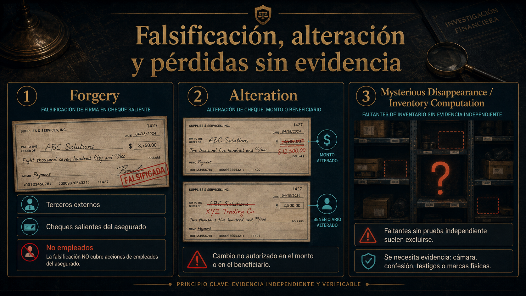 Infografía de Forgery, Alteration, Mysterious Disappearance e Inventory Computation.