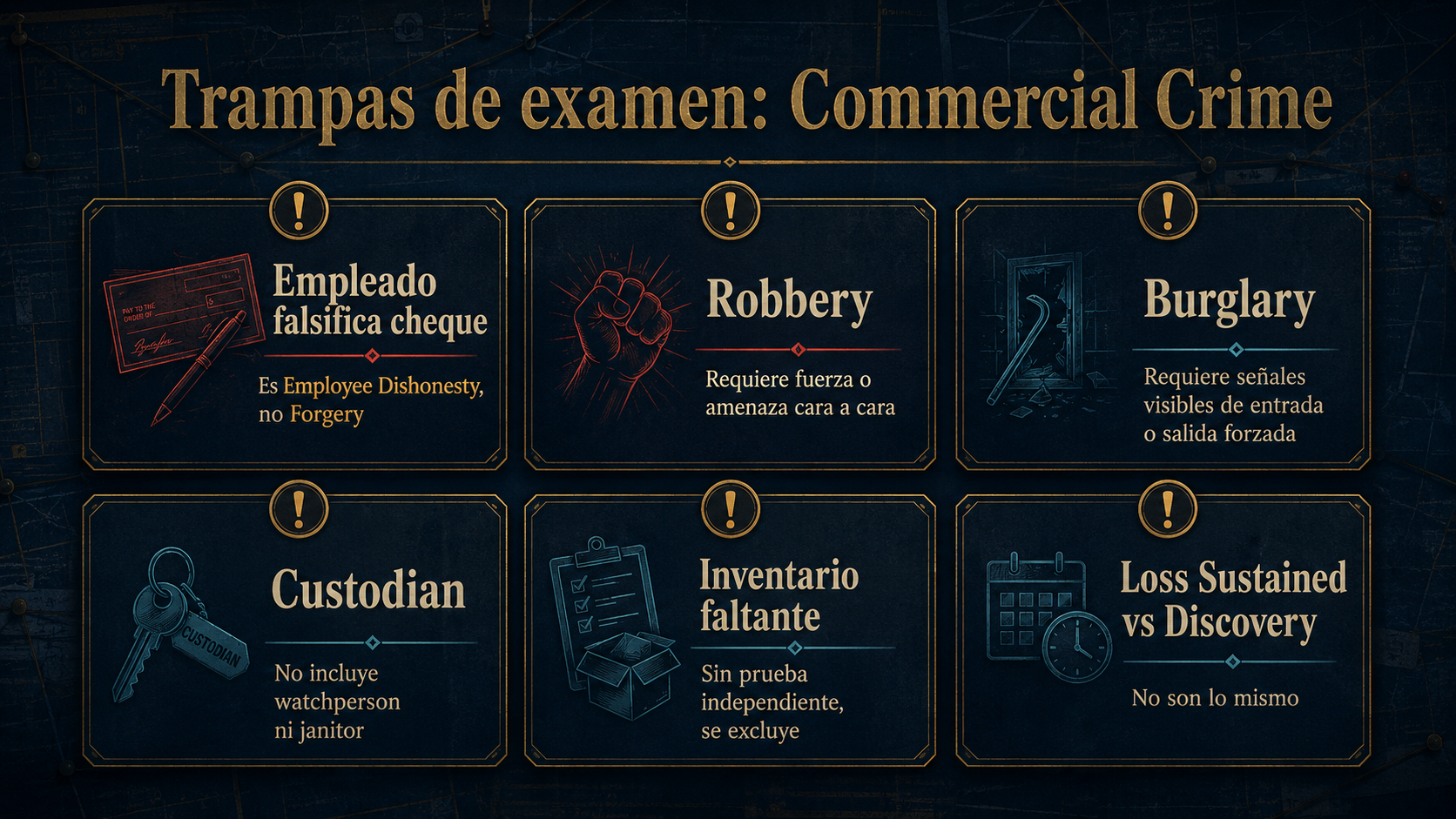 Infografía de trampas de examen en Commercial Crime Insurance.