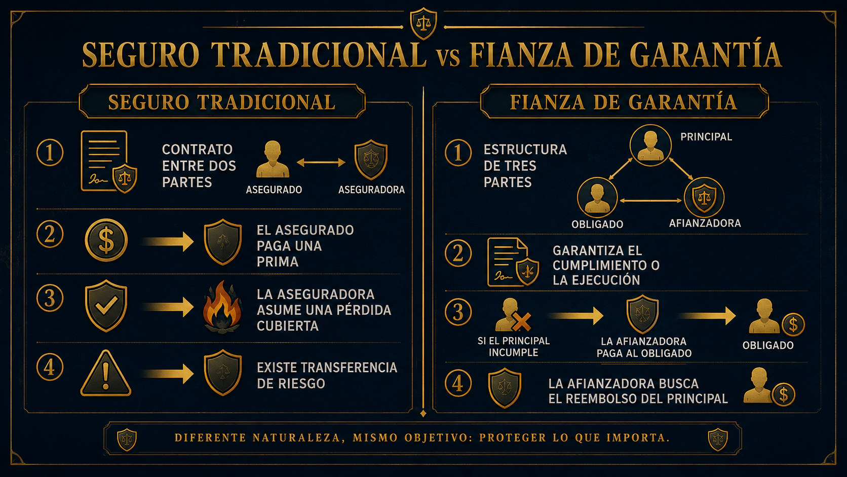 Infografía comparativa entre seguro tradicional y fianza de garantía
