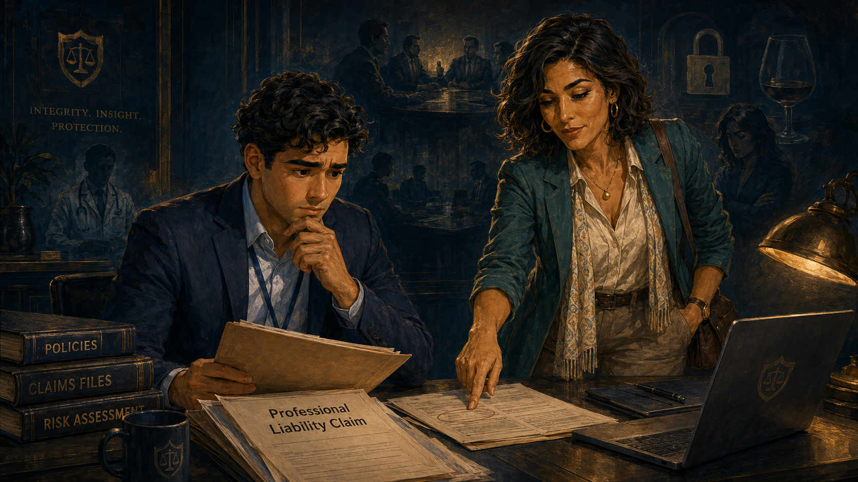 Alex y Luna revisan un expediente de responsabilidad profesional en una oficina de seguros