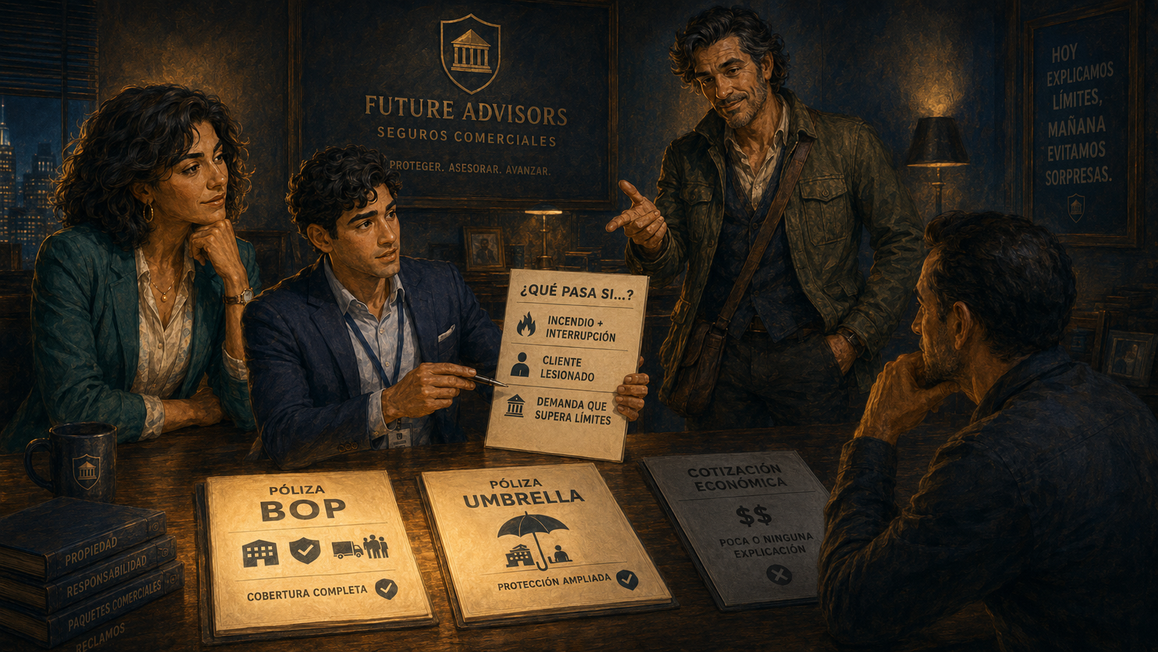 Alex presenta alternativas BOP y Umbrella a un cliente dueño de negocio