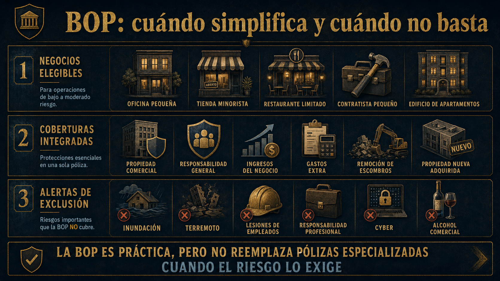 Infografía de elegibilidad, coberturas y exclusiones de la BOP