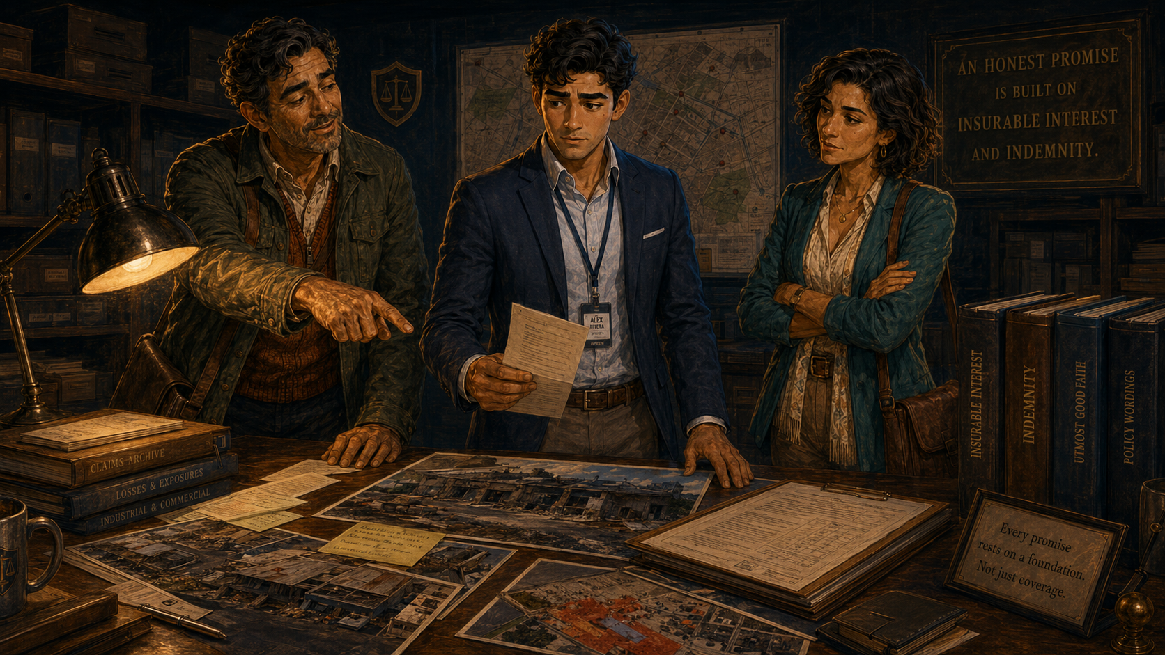 Alex, Luna y Víctor revisan una reclamación compleja donde el riesgo se agravó.