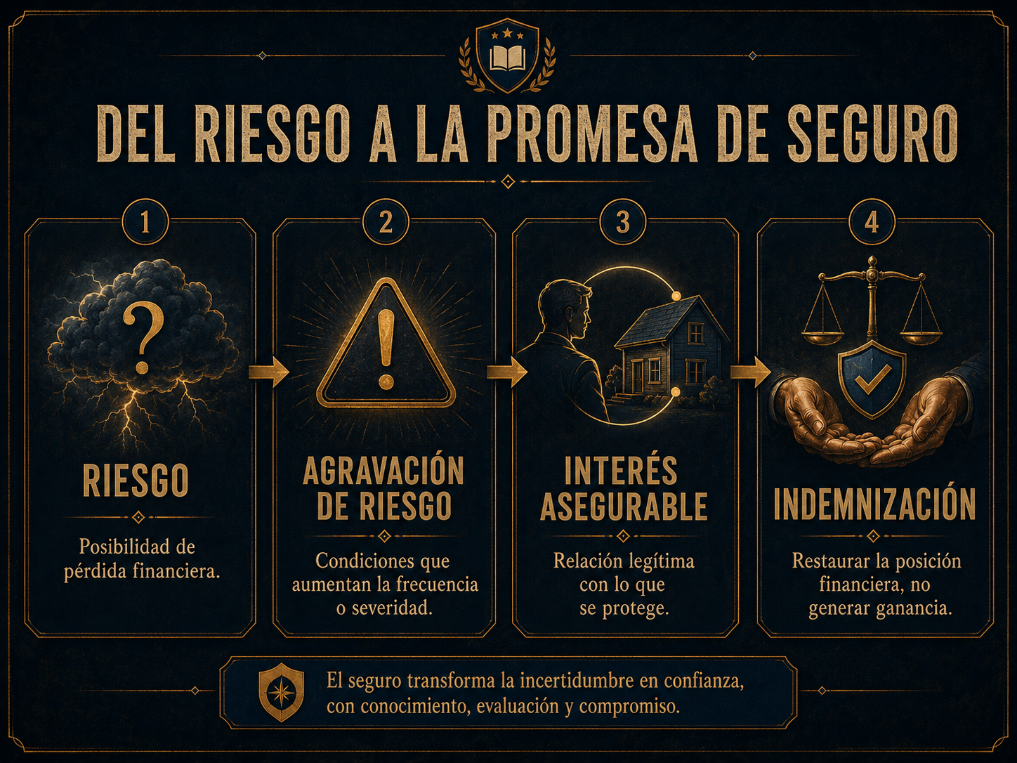 Infografía del flujo riesgo, agravación, interés asegurable e indemnización.