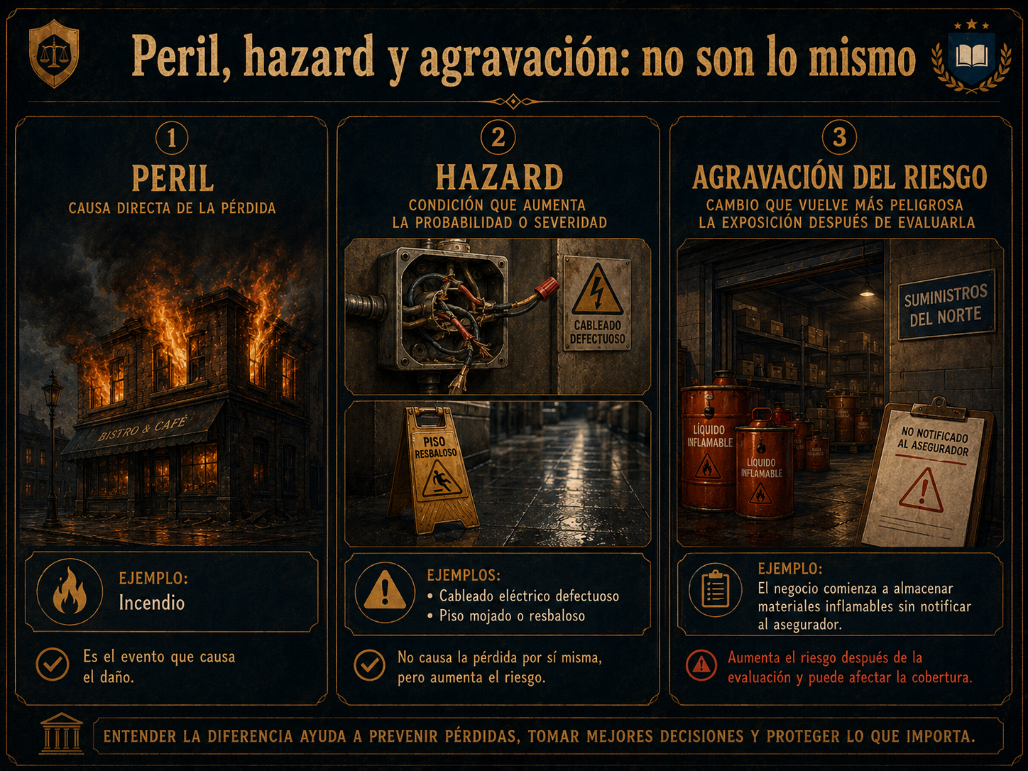 Infografía comparativa de peril, hazard y agravación del riesgo.