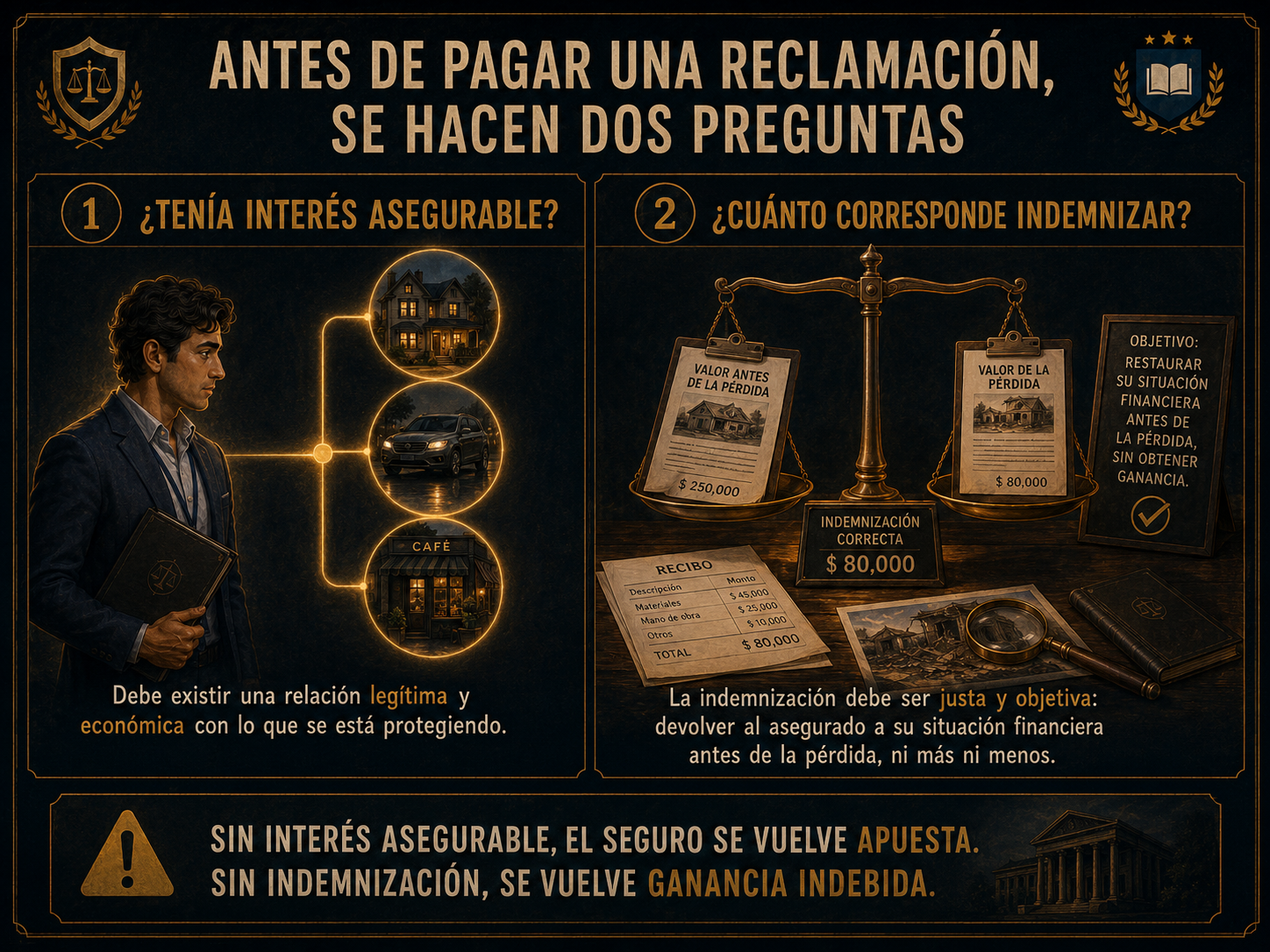 Infografía sobre interés asegurable e indemnización en una reclamación.