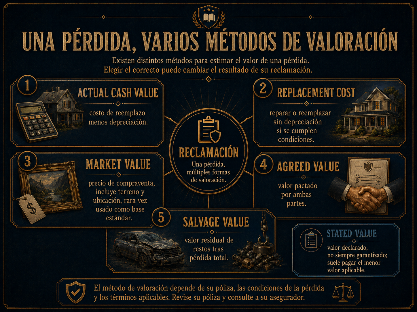 Infografía general sobre métodos de valoración de pérdidas en seguros.