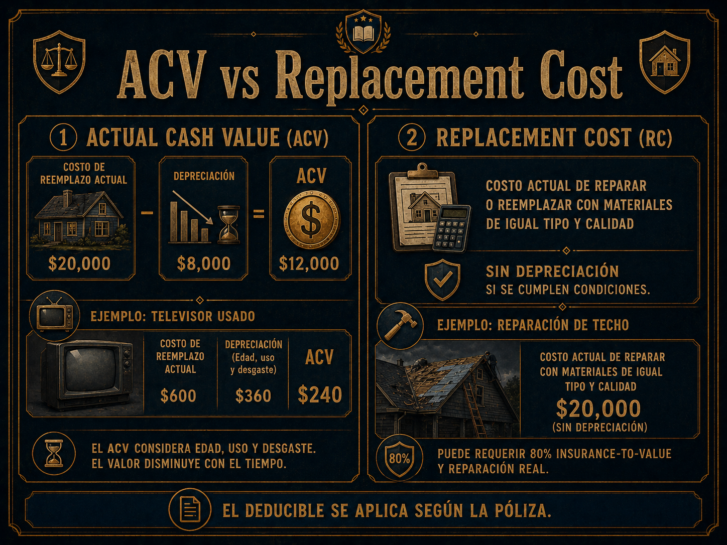 Infografía comparativa de Actual Cash Value y Replacement Cost.