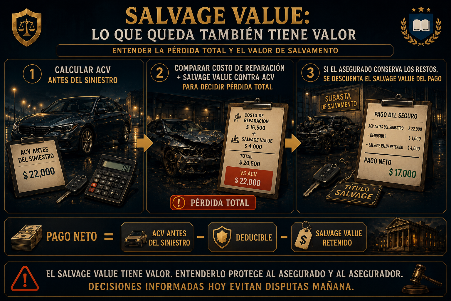 Infografía sobre salvage value y pérdida total.