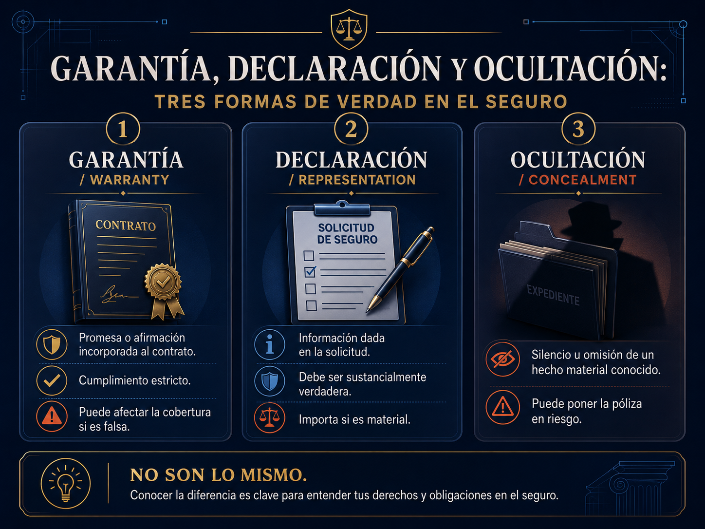 Infografía comparativa de garantía, declaración y ocultación