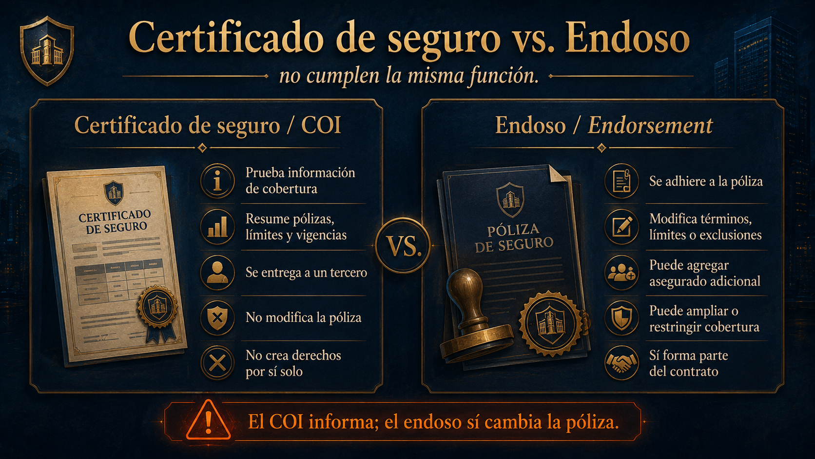 Infografía certificado de seguro versus endoso
