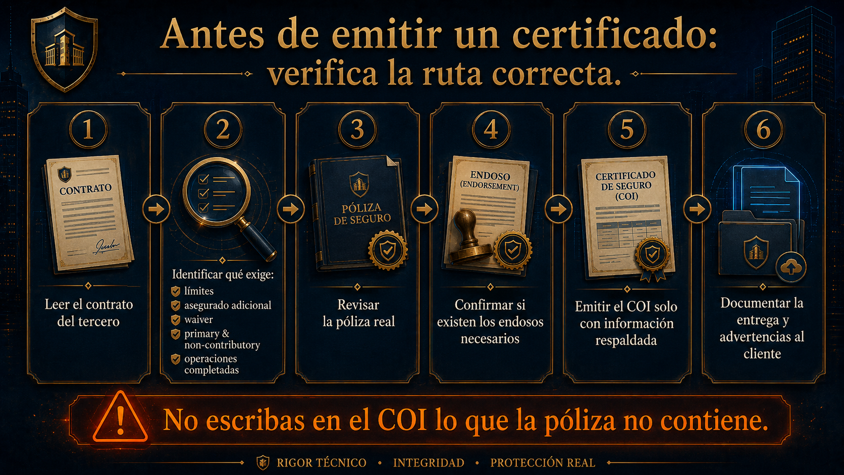 Infografía de ruta correcta antes de emitir un certificado de seguro