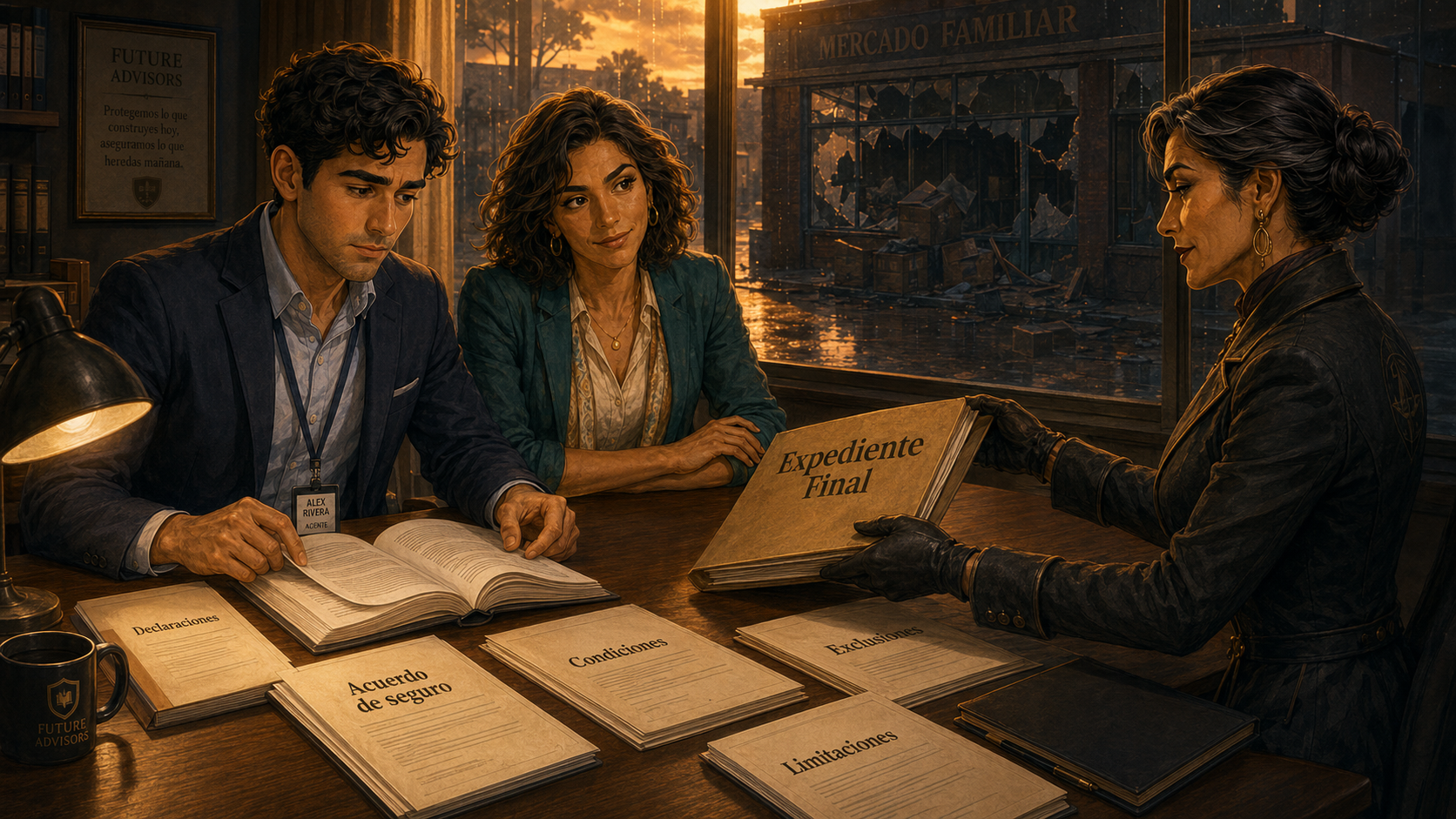 Alex, Luna y La Ajustadora revisan el expediente final de una póliza en una oficina de reclamaciones.