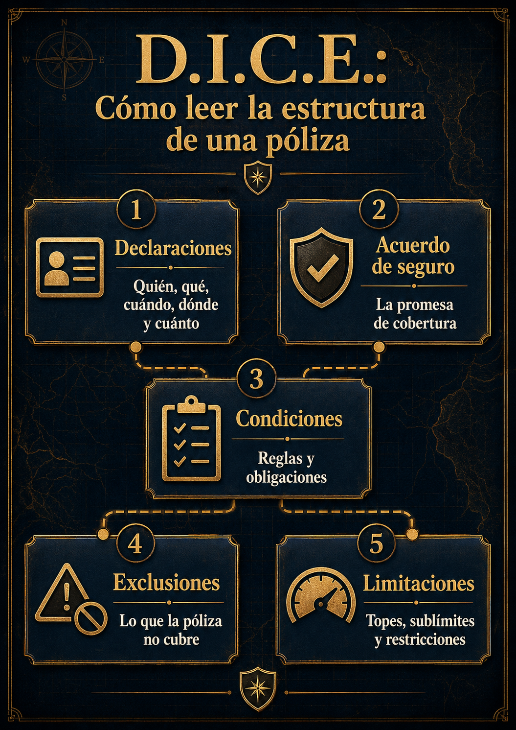 Infografía DICE: declaraciones, acuerdo de seguro, condiciones, exclusiones y limitaciones.