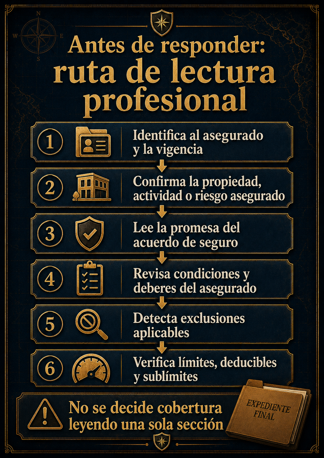 Infografía de ruta profesional para leer una póliza antes de responder.