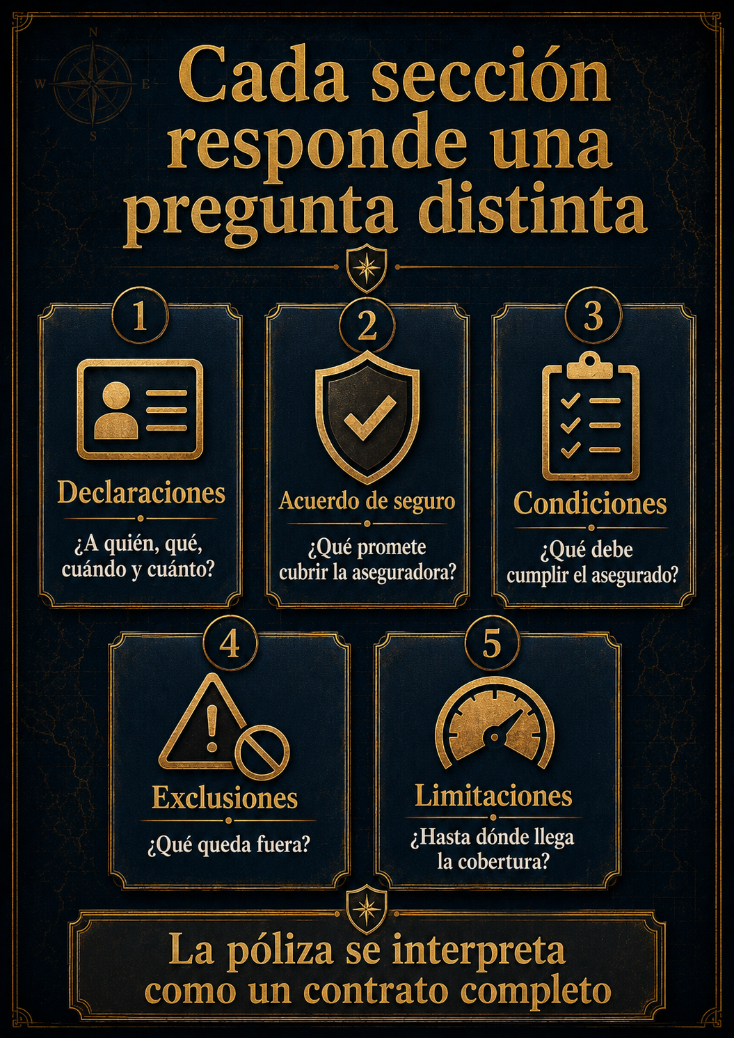 Infografía: cada sección de la póliza responde una pregunta distinta.