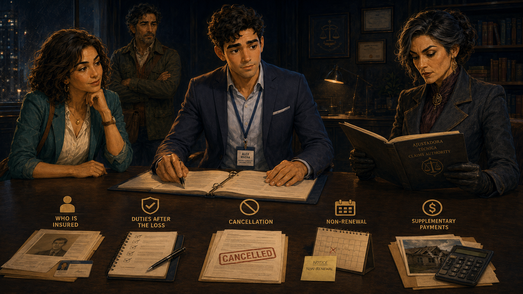 Alex revisa el expediente final con documentos sobre asegurado, deberes, cancelación, no renovación y pagos suplementarios